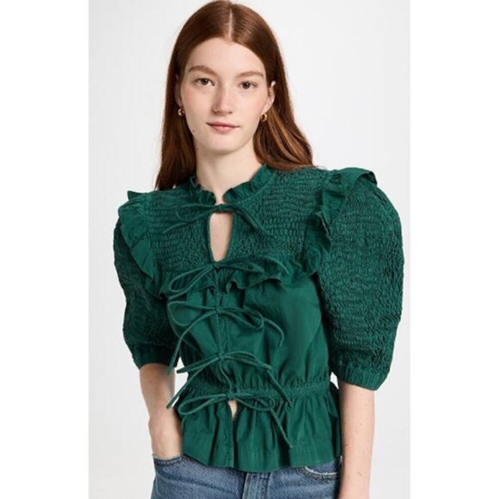 Sea New York Casey Top Smocked‎ Tie Front Puff Sleeves Ruffle Women's XXS Green